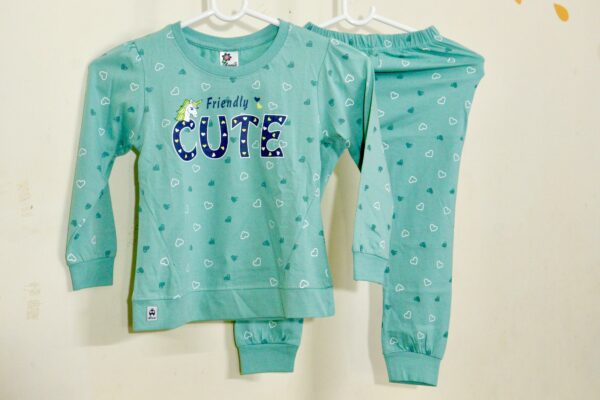 Pista Green Printed Nightsuit for Girls