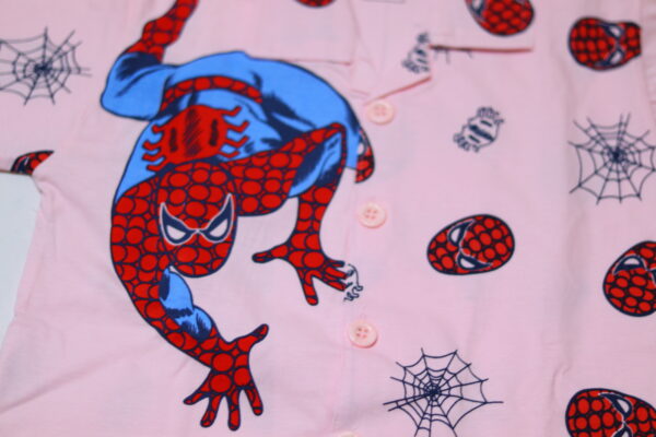 Pink Spiderman Printed Front Open Nightsuit - Image 5