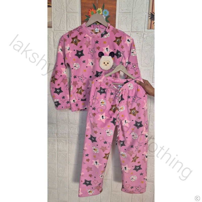 Pink SnuggleFur Kids Nightsuit - Winter Cozy Wear (7–8 Years)