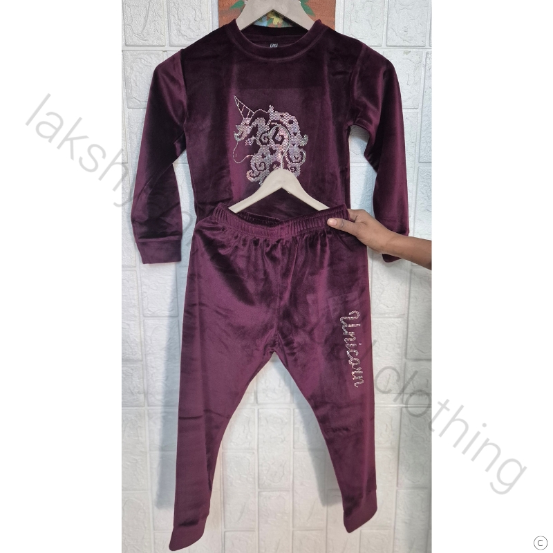 Girls Shiny Velvet Unicorn Track Suit - Wine Color Cozy Winter Wear