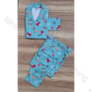 Unisex Kids Bluish Green Cotton Hosiery Night Suit – Cool & Stylish