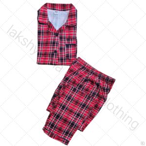 Girls Cotton Hosiery Night Suit - Red & Black Checks
