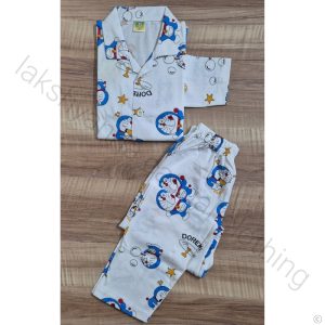 Kids Unisex Cotton Night Suit - White & Blue Doraemon Print