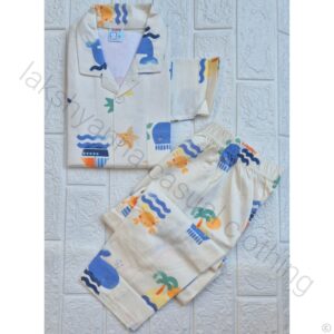 Full Sleeve Collar Night Suit for Boys - Off‑White Elegance